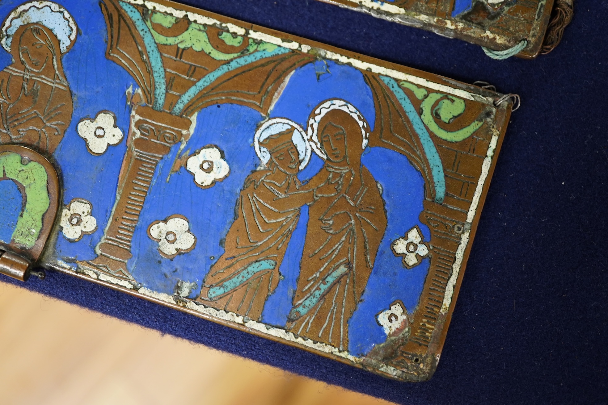 Two Limoges enamel and brass panels in medieval style, related Philips auction catalogue, 7.5 x 22cm